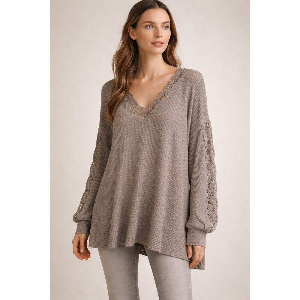 New with Tags Three Bird Nest Lace Waffle Knit Top Taupe Oversized Size L
